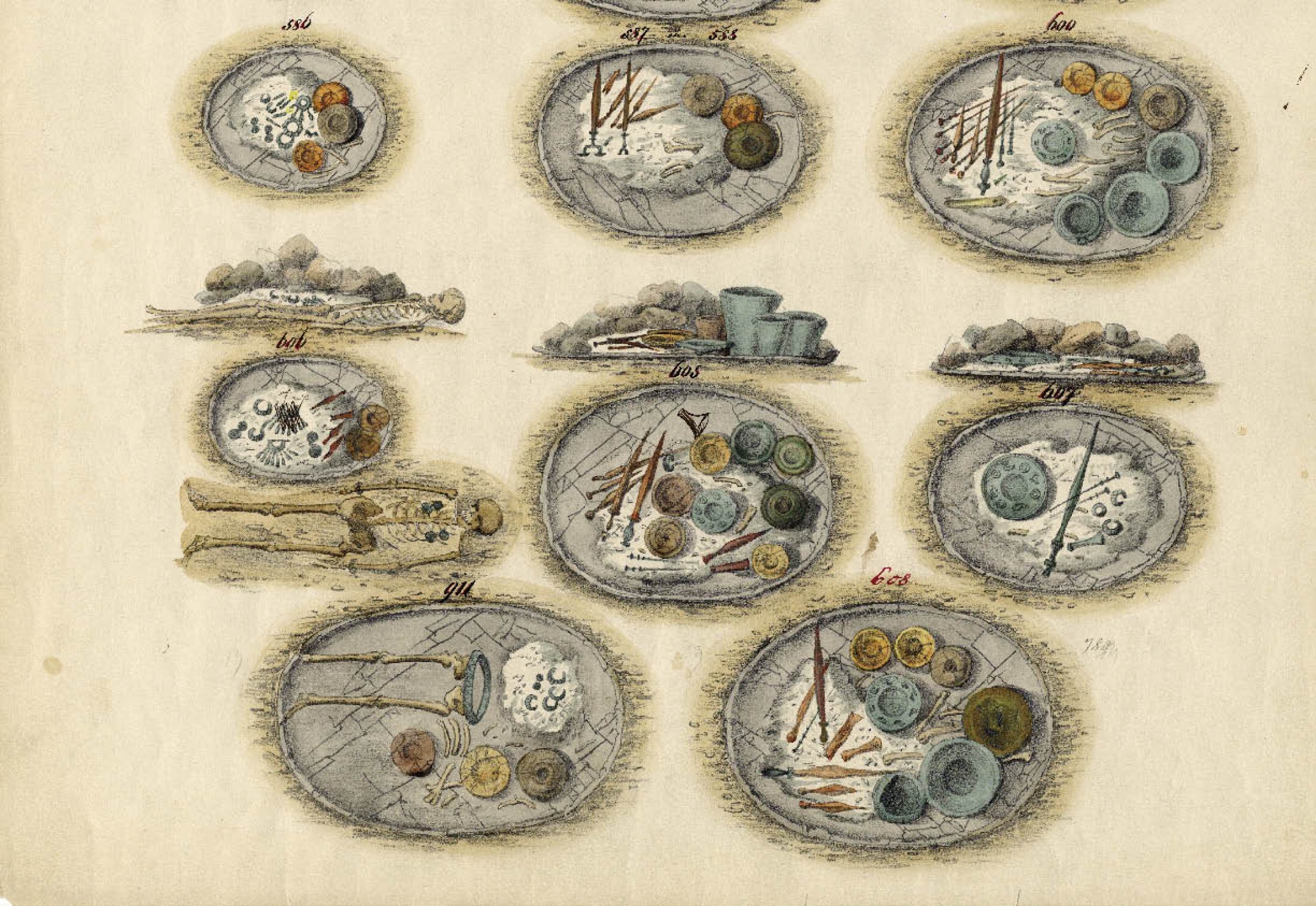 : Beispiele von reichen Brandschüttungsgräbern in sogenannten Tonwannen aus der Grabungsdokumentation von J. G. Ramsauer (Bild: Fundaktenarchiv PA NHM)