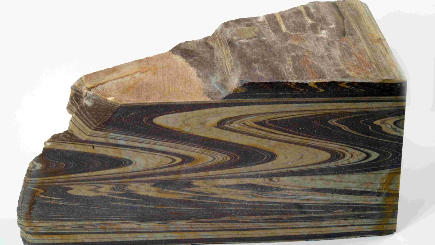 : Rock fold in granulite (Krug, Lower Austria)
The rock was deformed 340 million years ago at 1000°C at a depth of 60 km. On loan: University of Vienna, Institute of Geology. © NHM Vienna, Alice Schumacher