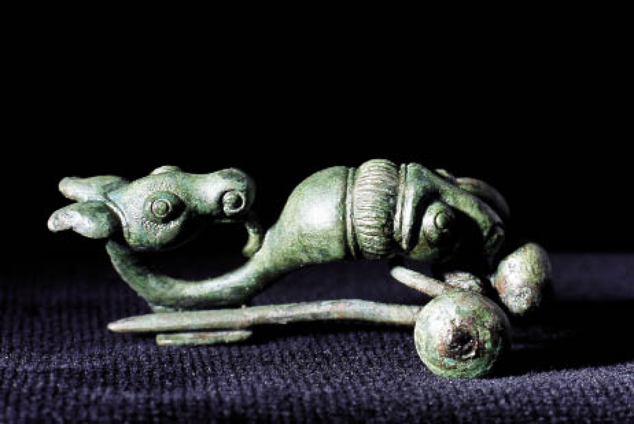 : Die Verschmelzung verschiedener Tiermotive ist bei Fibeln der Frühlatènezeit häufig zu beobachten. Auf dieser bronzenen Fibel wurden der Kopf eines Schafes und der eines Pferdes oder Esels miteinander kombiniert (Grab 37). (Bild: Keltenmuseum Hallein KMH)